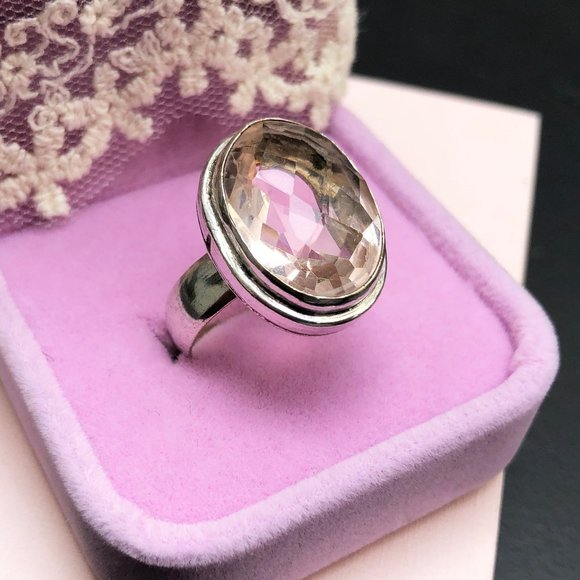 Rose quartz ring sterling silver huge pink crystal ring sz 8 1/4 US